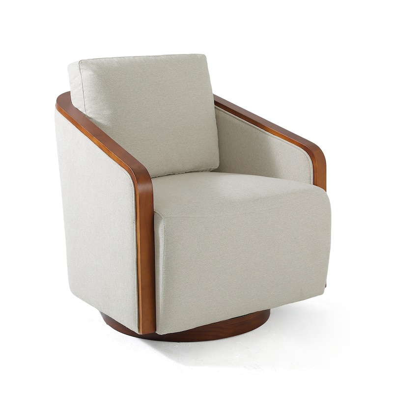 Upholstered Swivel Barrel Chair with Curved Wood Arms