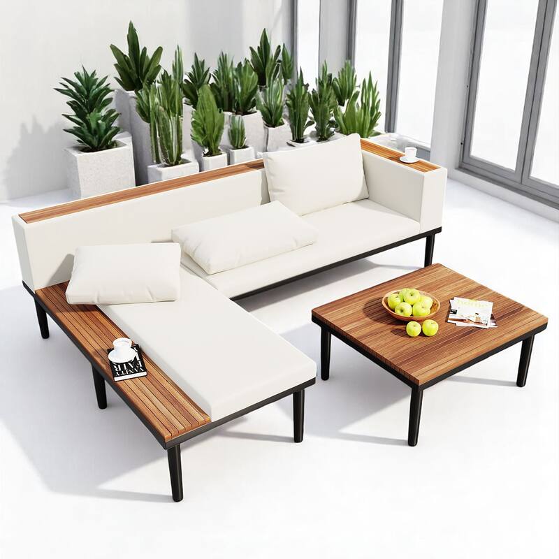 3-Piece Outdoor Sofa Set with Acacia Wood Frame, Side Table & Coffee Table, Weather-Resistant Cushions, Patio Conversation Set