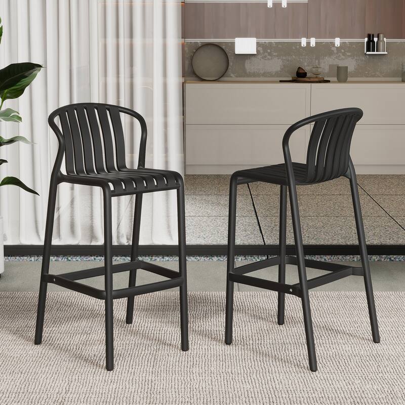 Set of 2 All-Weather Outdoor Bar Stools, 29.5"H Black Perforated Slat Back - Patio, Poolside & Kitchen Island