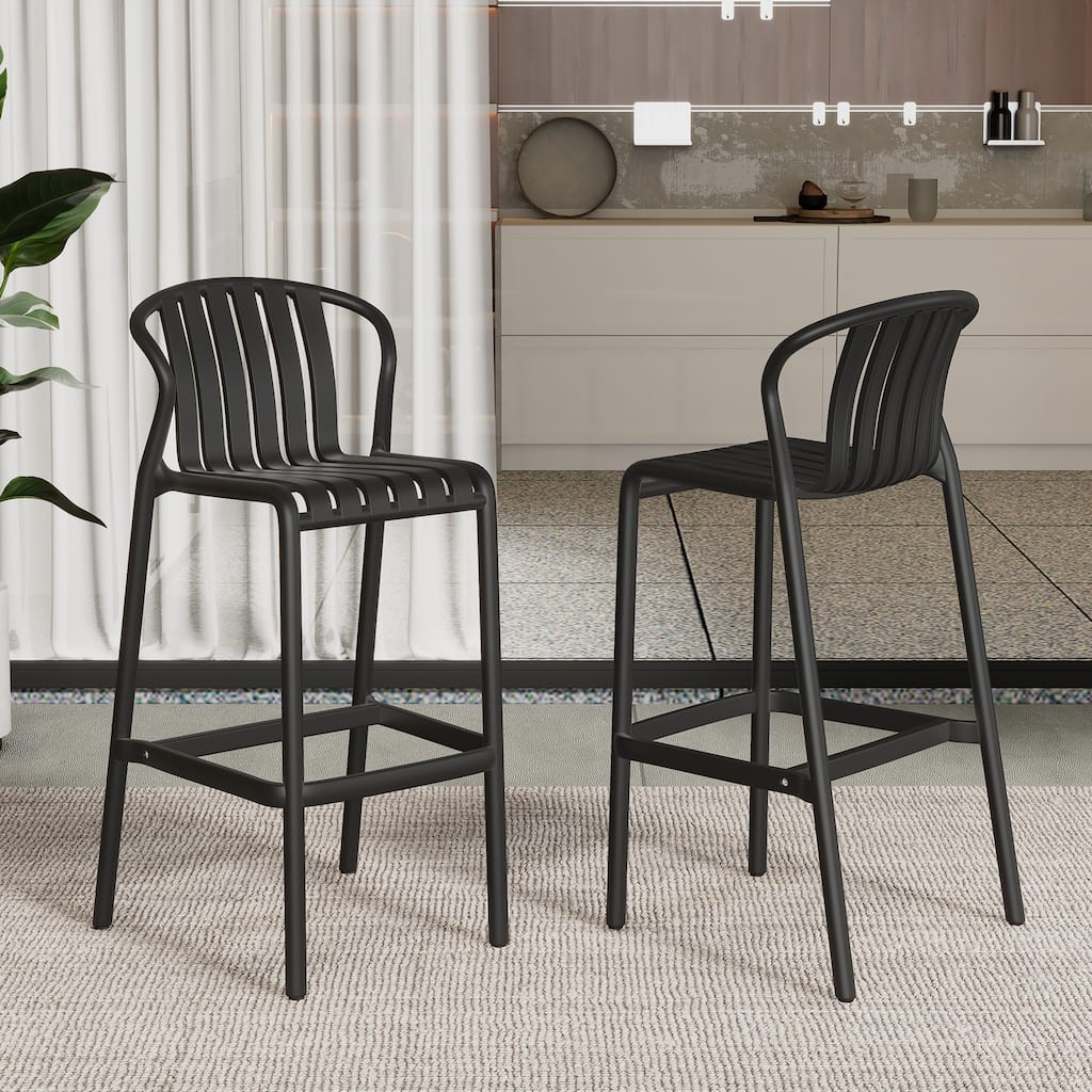 Set of 2 All-Weather Outdoor Bar Stools, 29.5"H Black Perforated Slat Back - Patio, Poolside & Kitchen Island