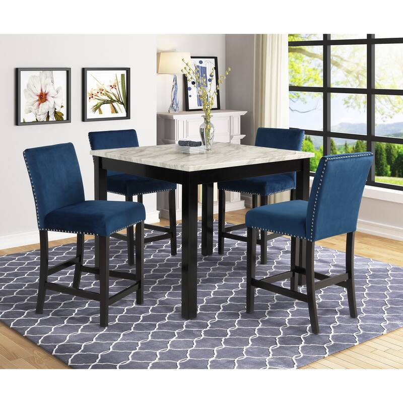 5pc Counter Height Dining Set Square Faux Marble Table Velvet Upholstered Tufted Nail Head Chairs Wooden Leg