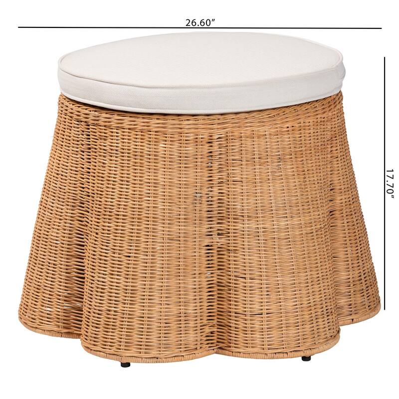 Palm Scallop Natural Rattan Ottoman with Cushion - Handwoven Wicker Stool or Footrest for Living Room or Bedroom, Coastal Boho