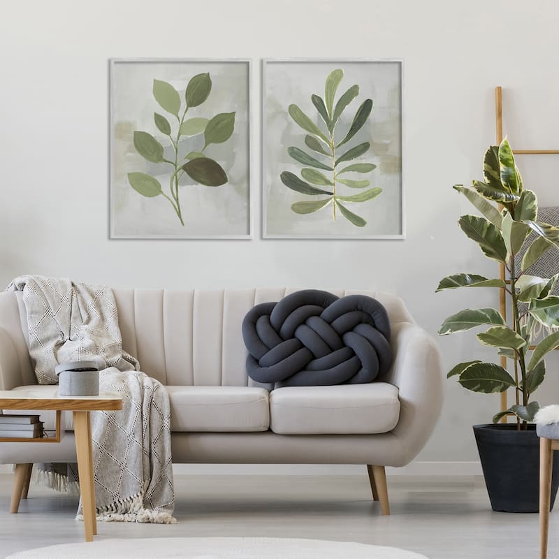 Stupell Green Leaf Branches on Grey Framed Giclee Art Design By Lanie Loreth (Set of 2)