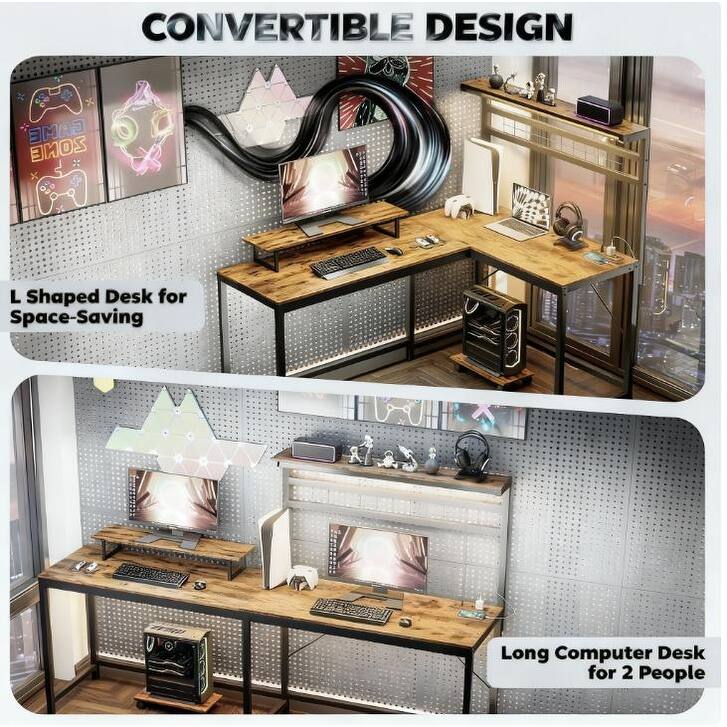 Computer Desk with Monitor Stand and CPU Shelf,L Shaped Gaming Desk with Power Outlets & LED Lights