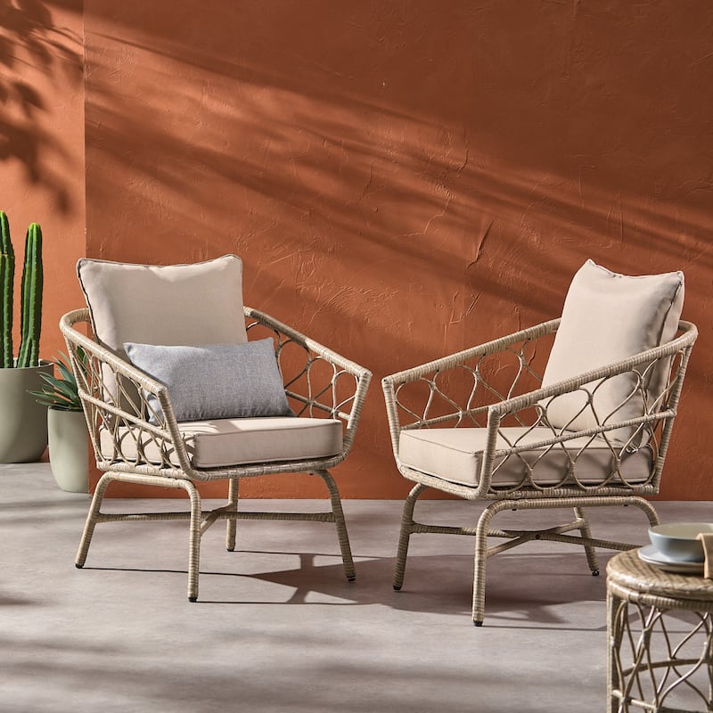 Bruce Outdoor Outdoor Wicker Club Chairs (Set of 2) by Christopher Knight Home - Light Brown/ Beige