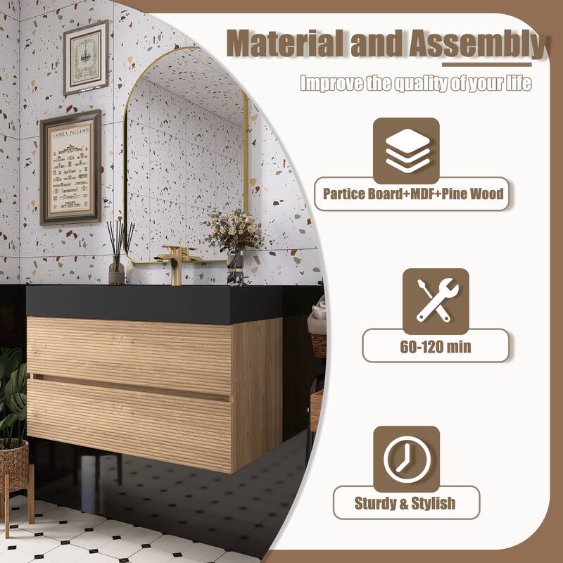 Wall Mounted Bathroom Vanity with Solid Surface Sink and Soft Drawers