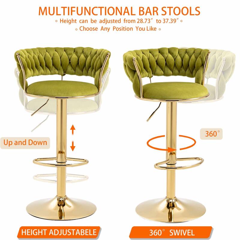 HOMEFUN Velvet Adjustable Height Swivel Armless Bar Stools With Golden Footrest(set of 2)