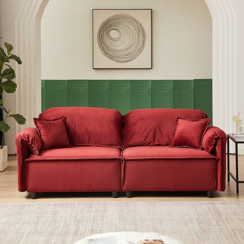 Deep Seat Red Velvet Sofa, Living Room 3 Seater Couch with Pillows