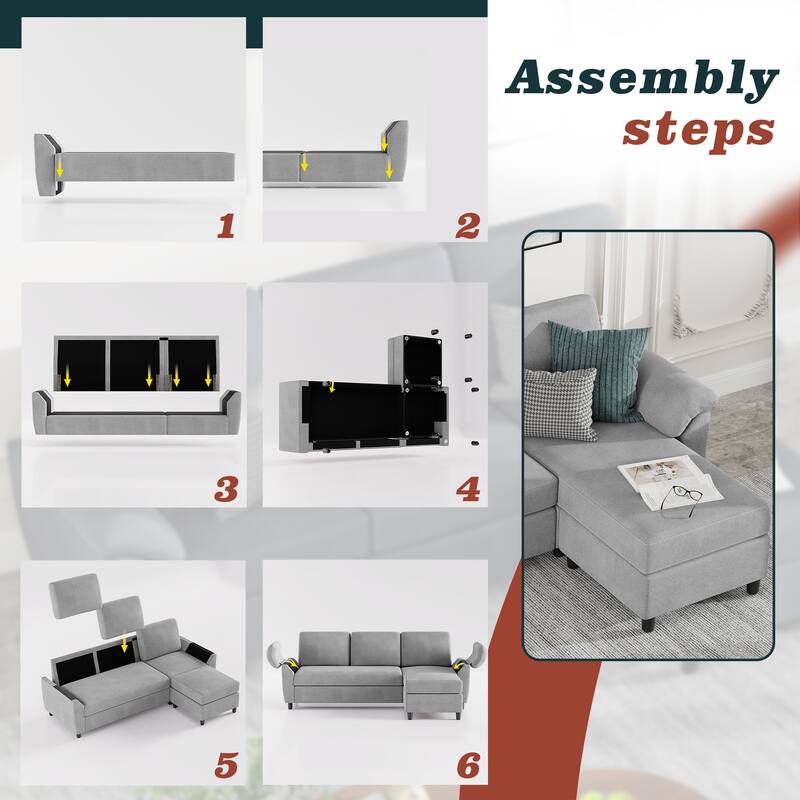 Futzca ​Sectional Sofa Couch, 3 Seat L Shaped Sofa with Removable Pillows