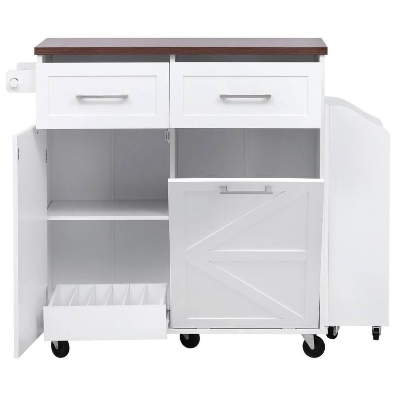 47.2" Rolling Kitchen Island on 5 Wheels with Drop Leaf, Kitchen Island with 2 Drawers, Trash Can Storage