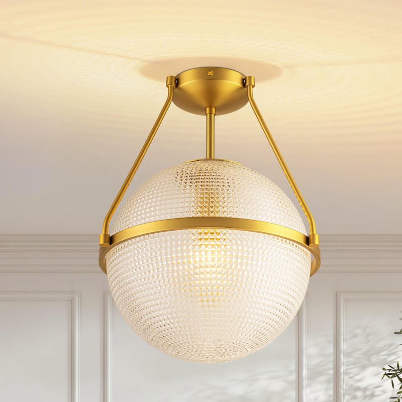 1-Light 14.17" Black/Gold Modern Textured Grid Glass Globe Semi-Flush Mount Light