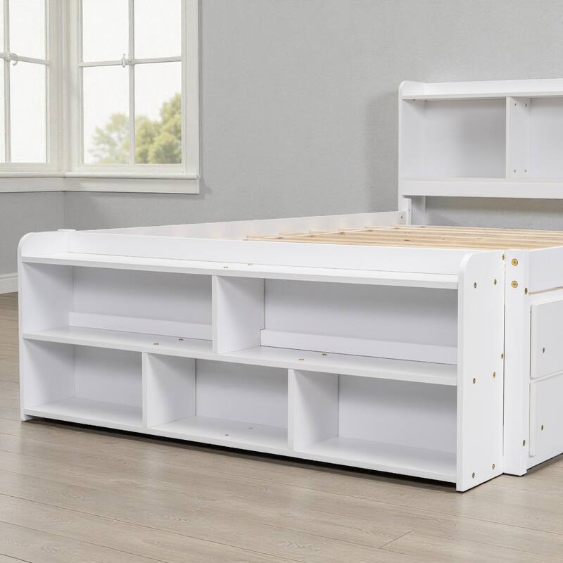 Full Size Wooden Storage Bed with Bookcase Headboard, 6 Drawers, and Bed-End Storage Case
