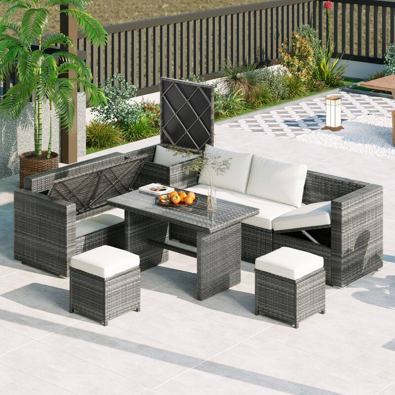 6-Piece Outdoor Wicker Patio Sofa Set with Adjustable Seats, Storage, Cushions & Glass Table