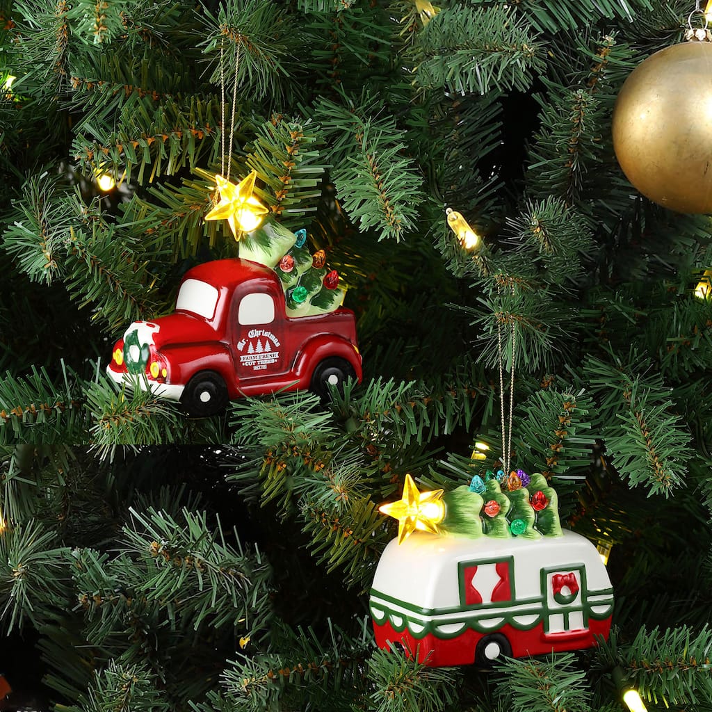 4.5" Set of 2 Ceramic Retro Vehicle Ornaments