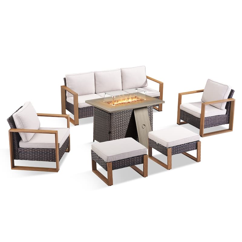 Pocassy Outdoor Wicker Sofa Patio Chair with Fire Table Set