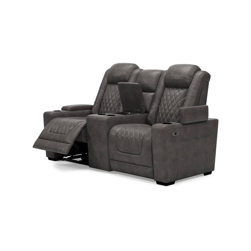 Signature Design by Ashley HyllMont Gray Power Reclining Loveseat with Console - 71.75" W x 39" D x 44" H