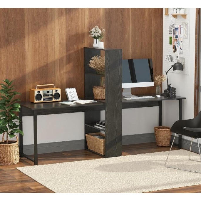 Long Computer Desk with Storage Shelves Combo, Double Workstation Storage Study Writing Table for Home Office