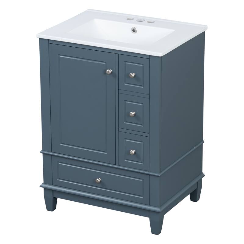 24" Freestanding Bathroom Vanity with Sink - Ceramic Top, Drawers & Shelves, MDF & Solid Wood Base, for Small Bathrooms