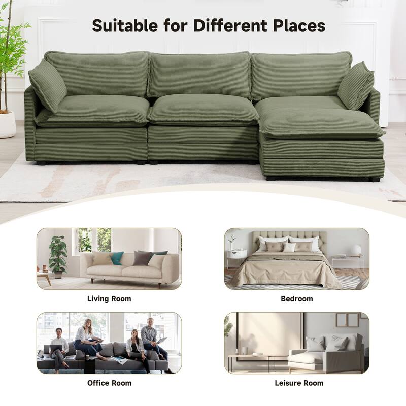 3-Seat Corduroy Modular Sofa with an Independent Removable Ottoman for Living Room or Business