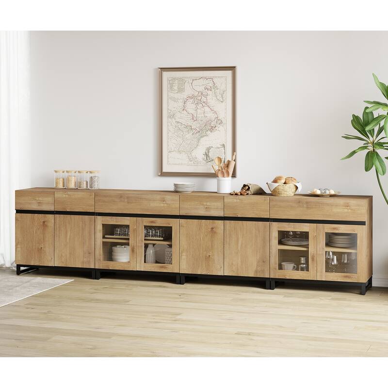 4-in-1 Modern Sideboard Buffet with Glass Doors, 2 Drawers & Metal Base, Adjustable Shelf for Kitchen Coffee Bar Storage - 126 inches - Oak