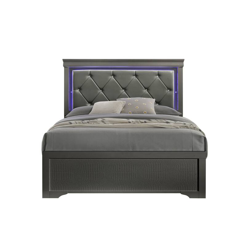 Twin Size MDF Upholstered Platform Bed with LED Headboard in Metallic and Tufted Faux Leather - Metallic Grey