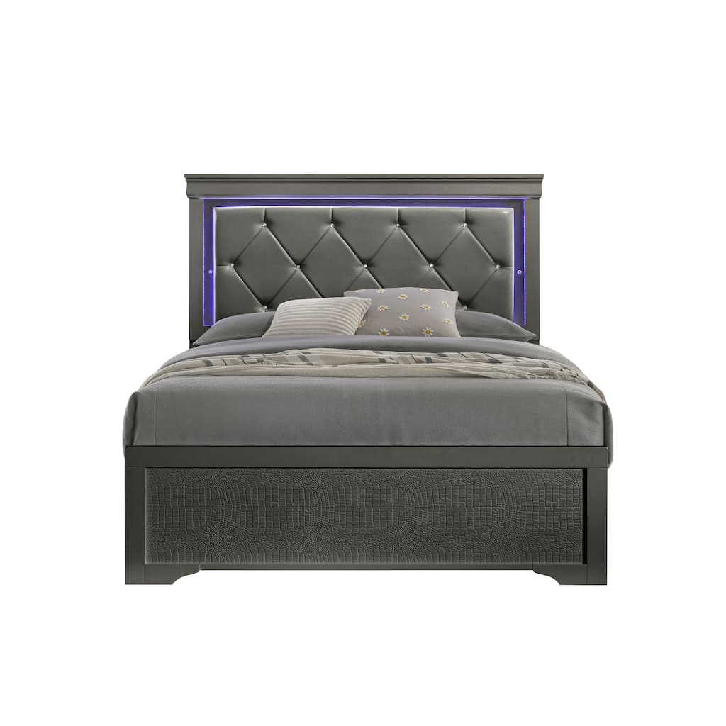 Twin Size MDF Upholstered Platform Bed with LED Headboard in Metallic and Tufted Faux Leather