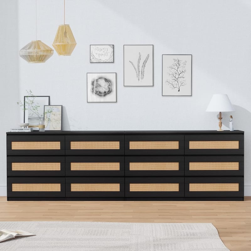 Rattan Dresser for Bedroom, 6 Drawer Double Dresser, Modern Wood Chest of Drawers