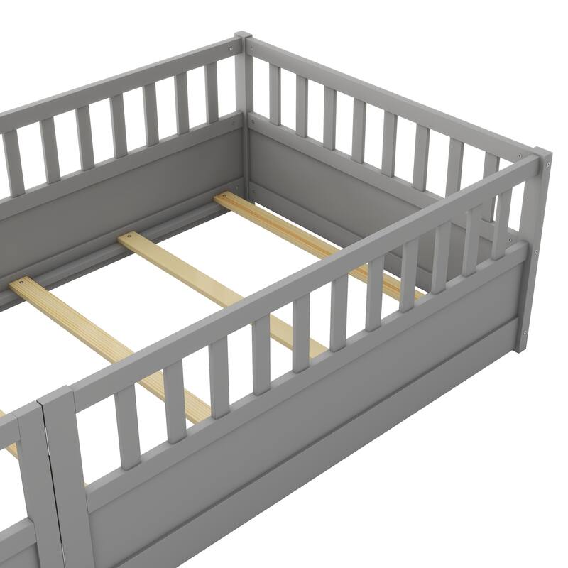 Floor Bed Pine Wood Bed Frame with Fence and Door Easy Assembly