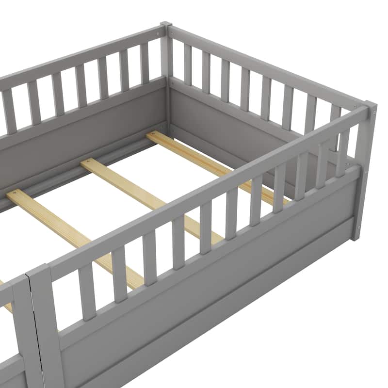 Montessori Wooden Twin Floor Bed Frame with High Safety Barrier, Kids' Bed with Fence Design and Entry Door