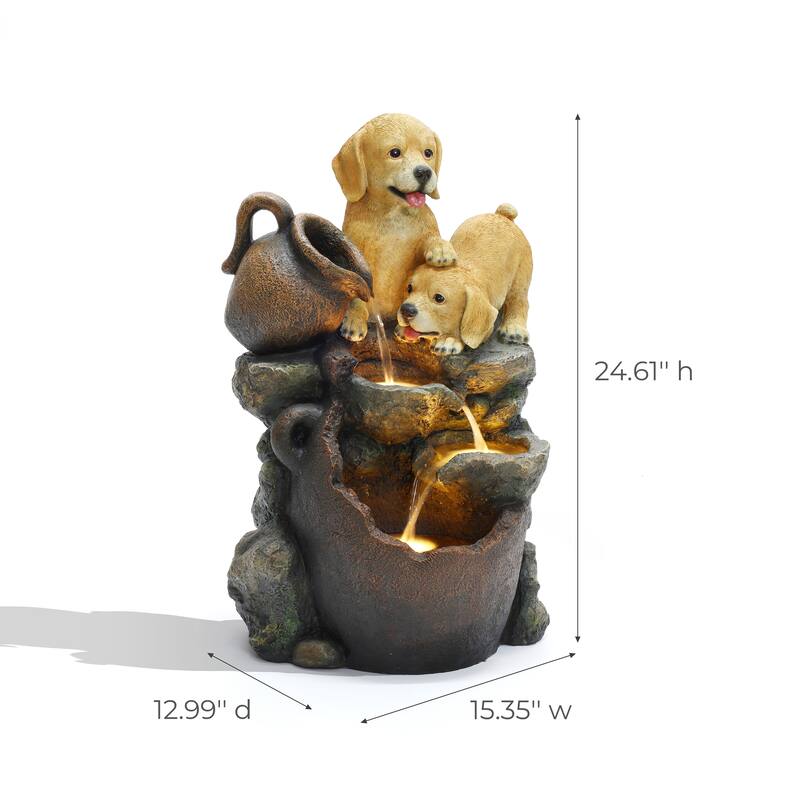 Puppy Friends Farmhouse Resin Outdoor Fountain with Lights