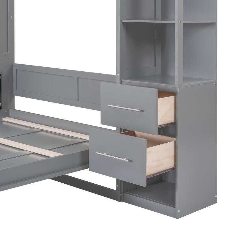 Queen Size Foldable Wall Bed with Shelves, Drawers, and Lighting, Space-Saving Design