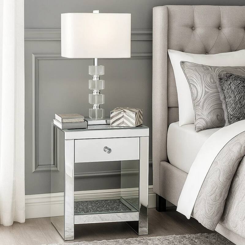Mirrored Wooden Night Table with 1 Drawer and Bottom Shelf, Silver