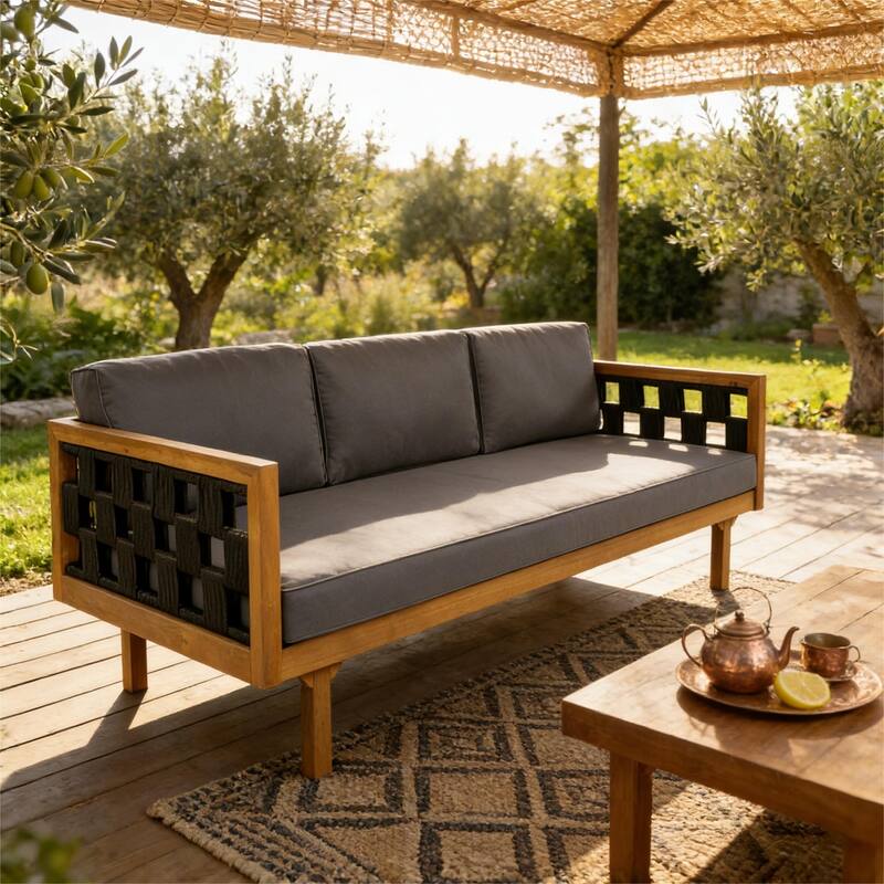 Christopher Knight Home - Claremont Outdoor Acacia Wood Three-Seater Daybed and Round Coffee Table Set