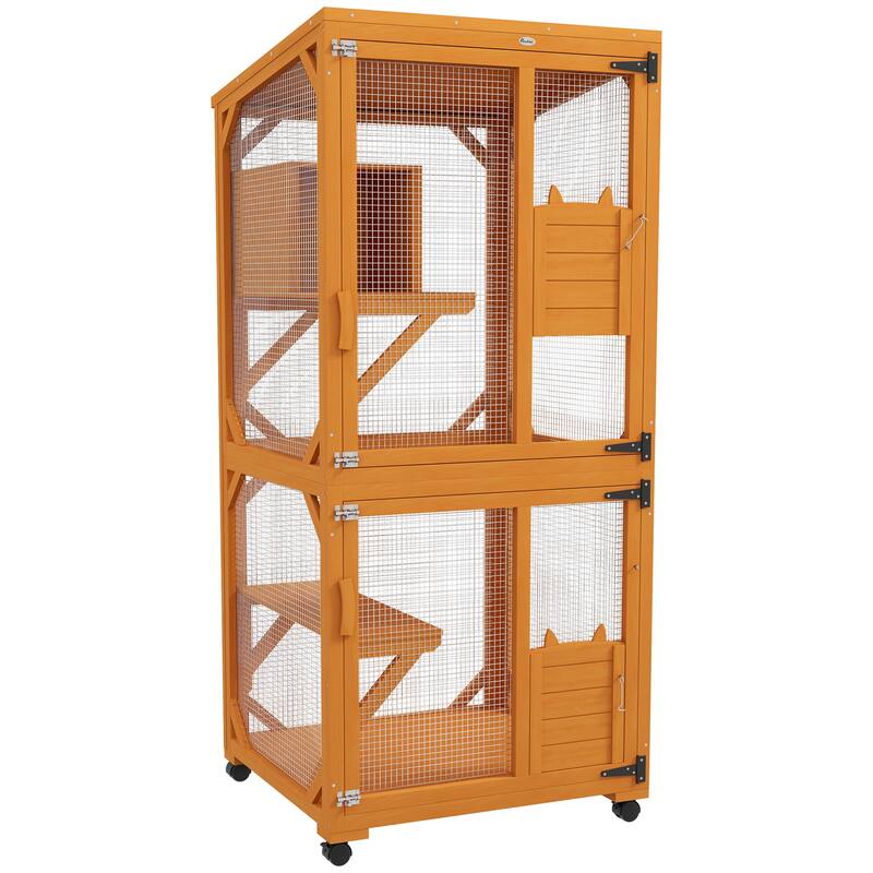 PawHut Large Cat House with High-Up Resting Box, 71" Wooden Catio with Asphalt Roof, Indoor & Outdoor Cat Enclosure on Wheels - Orange