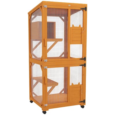 PawHut Wooden Catio with Waterproof Roof, Large Cat House with High-Up Resting Box, Indoor & Outdoor Cat Enclosure with Wheels