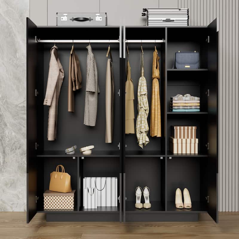 63"W Family 4-Door Wardrobe Armoire Closet Storage LED Light High Gloss - N/A
