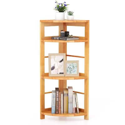 Gymax 4-Tier Corner Shelf w/ Rubber Wood Frame Anti-Toppling Kit Home