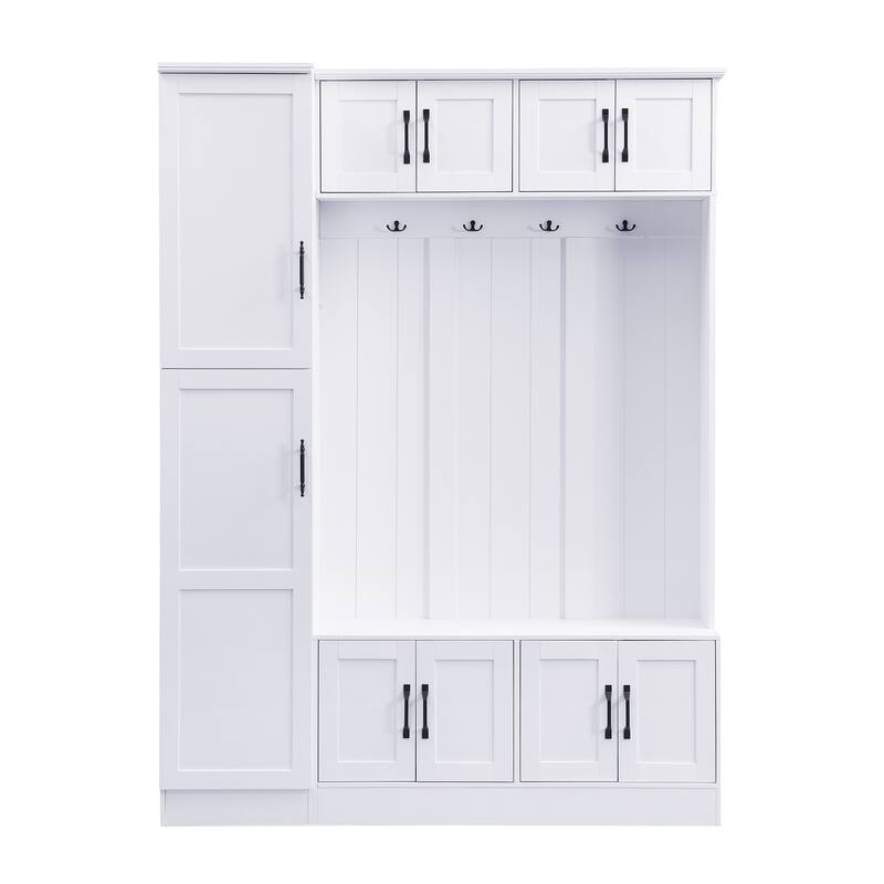 4-in-1 Entryway Bench with 6 Cabinets, 4 Coat Hooks & Adjustable Shelf,79'' Tall Modern Hall Tree with Shoe Storage