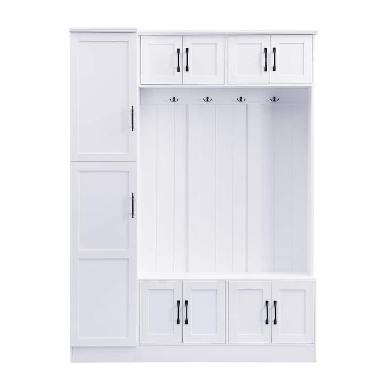 79" Modern Hall Tree with Shoe Storage, 4-in-1 Entryway Bench with 4 Coat Hooks & Adjustable Shelf Mudroom Wood Storage Cabinet