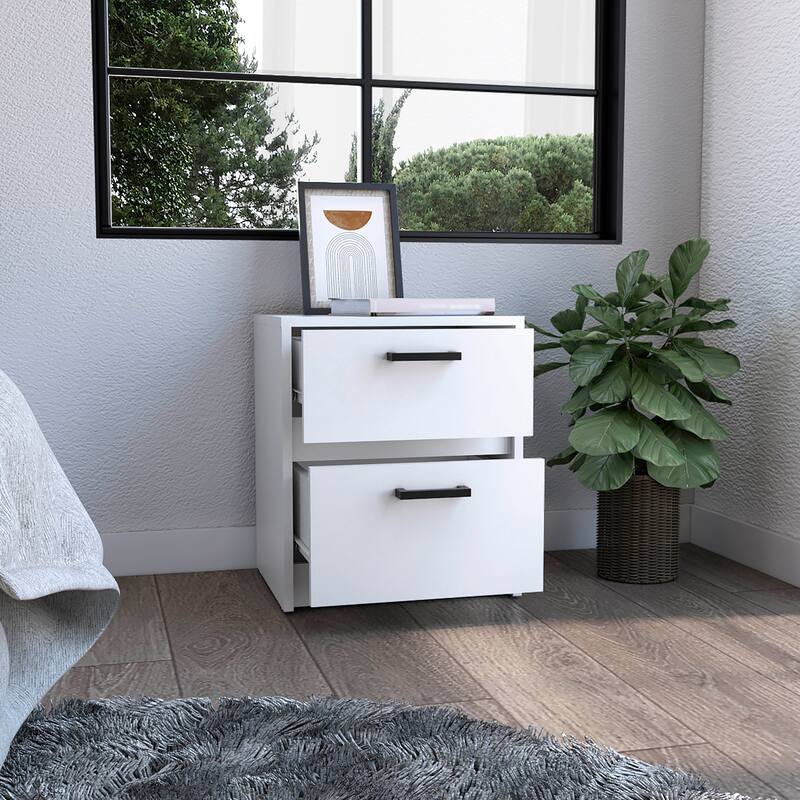 White Nightstand with Two Drawers and Metal Handles
