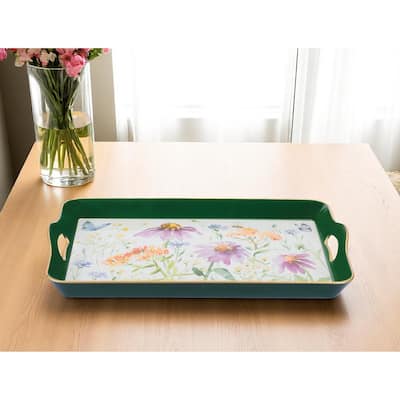 HomeRoots 17" Green And White Watercolor Floral Serving Tray With Handles - 17.15 in. x 1.9 in. x 11.7 in.