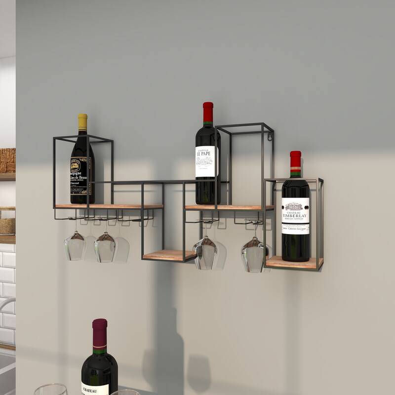 Black Metal 7 Bottle Geometric Wall Wine Rack with 5 Glass Holder Slots