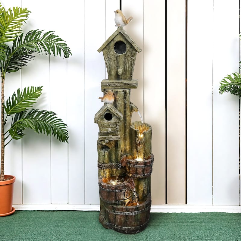 39.3in Outdoor Water Fountain w/LED Lights, Birdhouse Garden Fountain