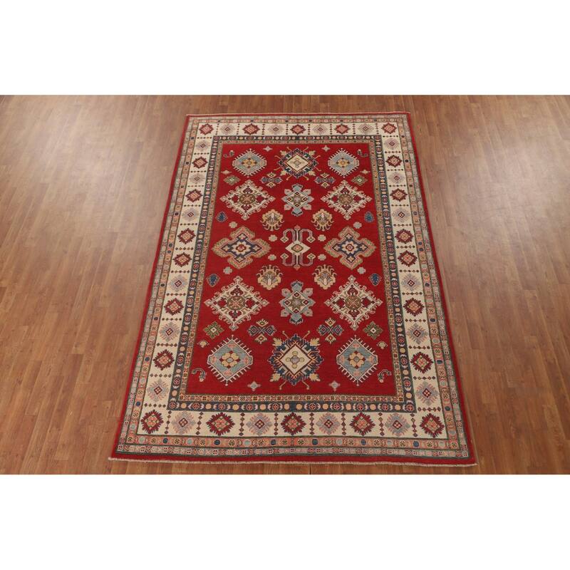 Red Geometric Kazak Living Room Area Rug Handmade Wool Carpet - 6'7" x 9'11"