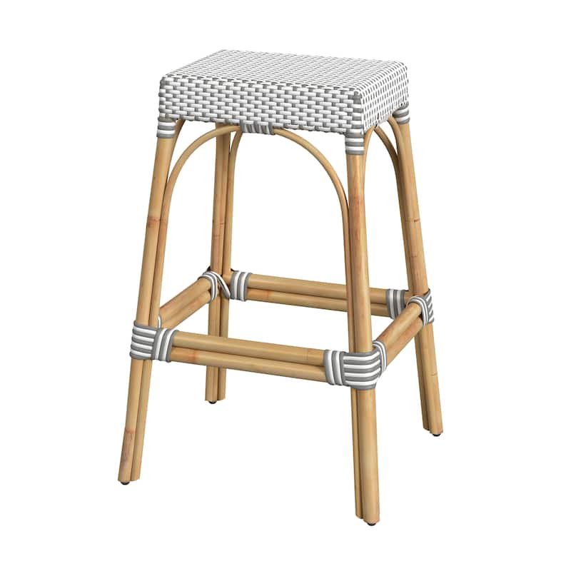 Robias Rectangular Rattan 30" Bar Stool - Gray/White Dot / Natural Rattan Frame