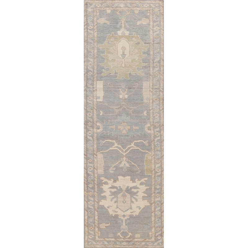 Hand Knotted Oriental 100% Wool Carpet Transitional Floral Greys & Charcoal Oushak Runner Rug - 11' 7'' X 2' 11''