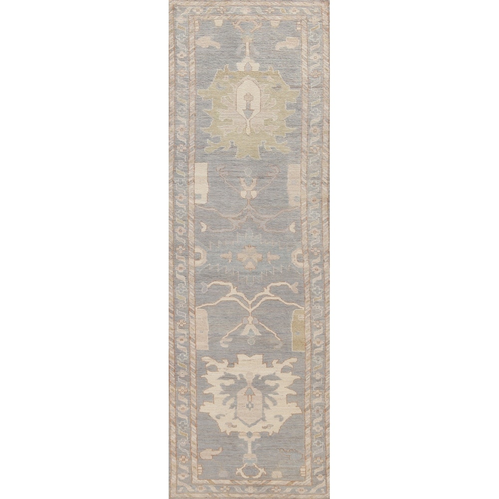 Hand Knotted Oriental 100% Wool Carpet Transitional Floral Greys & Charcoal Oushak Runner Rug - 11' 7'' X 2' 11''