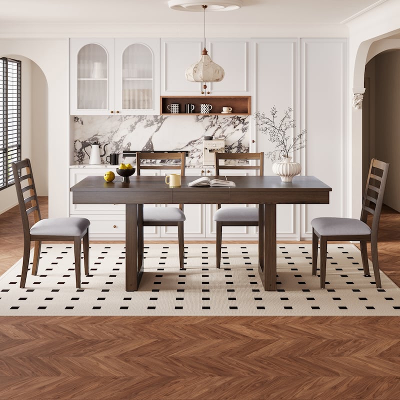 60"-78" Extendable Dining Table with Smooth Rails, Wooden Kitchen Table with Removable Leaf, Double U-Shape Base