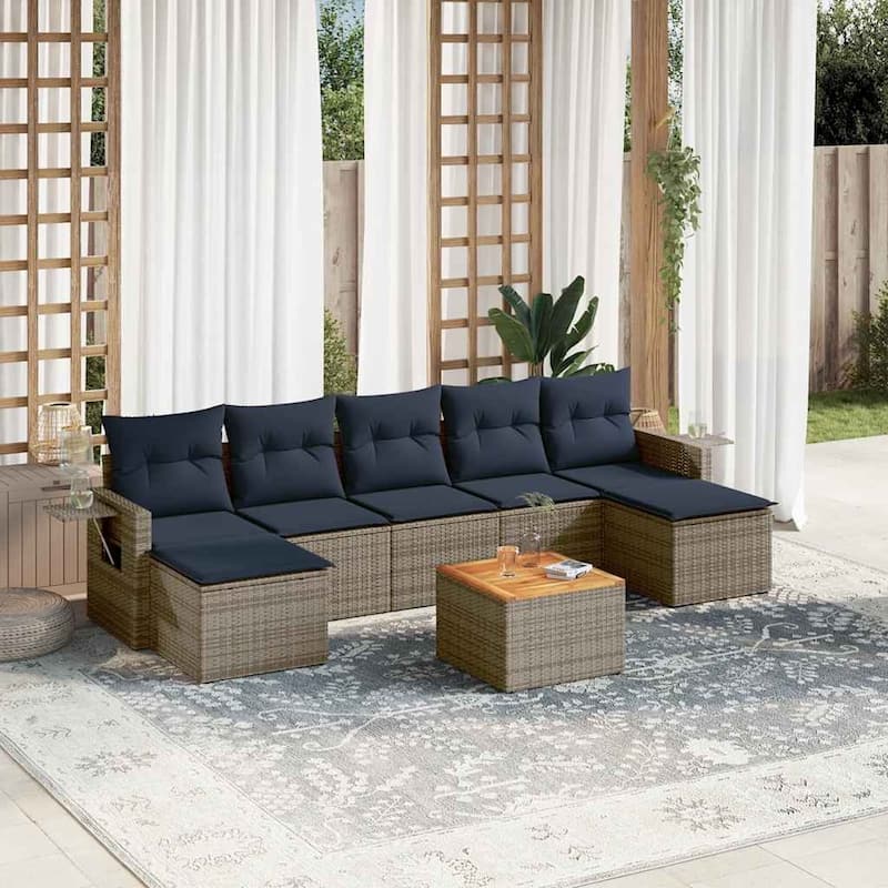 vidaXL 8 Piece Patio Sofa Set with Cushions Black Poly Rattan - 21.7" x 24.4" x 27.2" - Grey and blue