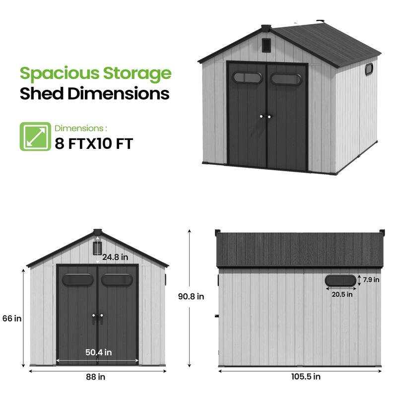 8X10 FT All-Weather Waterproof Plastc Outdoor Resin Storage Shed Windows Lockable Door with Floor for Patio Furniture and Tools